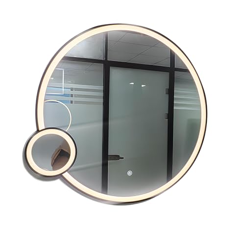 ZHANGshouf 600 x 600 mm runder beleuchteter LED-Badezimmer-Wandspiegel, beleuchteter Rasierspiegel mit Sensor-Touch-Steuerung und 3-Fach vergrößerndem kleinen Spiegel von ZHANGshouf