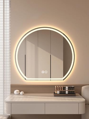 ZHANGshouf Antibeschlag-Ankleidespiegel für die Wand über dem Waschbecken, Halbrunder LED-Badezimmerspiegel mit Front- und Hintergrundbeleuchtung, 3 Farben, Memory-Funktion (69 x 80 cm) von ZHANGshouf