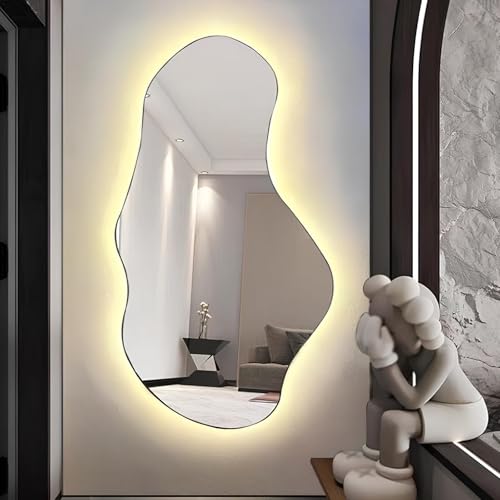 ZHANGshouf Asymmetrischer beleuchteter Kosmetikspiegel für das Badezimmer – 25 x 43 Zoll großer, hinterleuchteter, rahmenloser Wandspiegel mit 3-Farbiger LED-Beleuchtung von ZHANGshouf