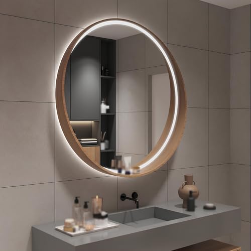 ZHANGshouf Badezimmer-Kosmetikspiegel mit Ablage, 3 Modi, Heller Massivholzrahmen, runder Wandspiegel (Holz, 50 cm) von ZHANGshouf