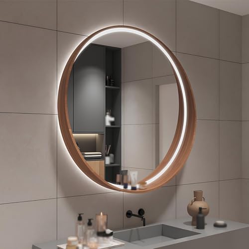 ZHANGshouf Badezimmer-Kosmetikspiegel mit Ablage, 3 Modi, Heller Massivholzrahmen, runder Wandspiegel (Walnuss, 80 cm) von ZHANGshouf