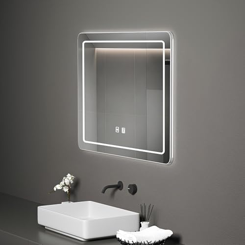 ZHANGshouf Badezimmerspiegel mit Edelstahlrahmen, Vorder- und Hintergrundbeleuchtung, beschlagfrei, LED-Wandspiegel, IP44, wasserdicht, bruchsicher (weiß-b, 70 x 90 cm) von ZHANGshouf