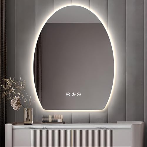 ZHANGshouf Beleuchteter Badezimmer-Wandspiegel, oval, unregelmäßig, rahmenloser Schminkspiegel mit 3 dimmbaren Farben, Antibeschlagfunktion, Körpersensor (40 x 60 cm) von ZHANGshouf