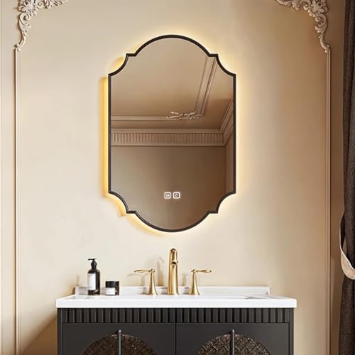 ZHANGshouf Beschlagfreier LED-Badezimmerspiegel mit Beleuchtung, vertikal und horizontal beleuchteter Wandspiegel mit Holzrahmen, 3 Farben dimmbar (Schwarz, 60 x 80 cm) von ZHANGshouf