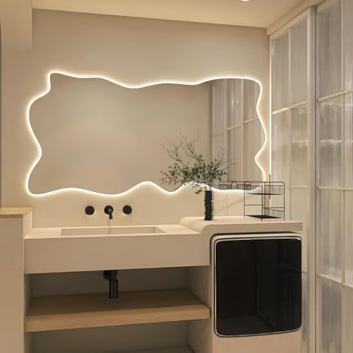 ZHANGshouf Großer asymmetrischer LED-Badezimmer-Wandspiegel, Waschtisch, hinterleuchteter Kosmetikspiegel mit Touch-Funktion, Antibeschlag-Pad und dimmbarer Beleuchtung in 3 Farben (60 x 100 cm) von ZHANGshouf