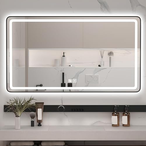 ZHANGshouf LED-Spiegel fürs Badezimmer mit Front- und Hintergrundbeleuchtung, stufenlos dimmbar, beschlagfreier Kosmetikspiegel aus Metall zur Wanddekoration (schwarz horizontal, 40 x 60 cm) von ZHANGshouf