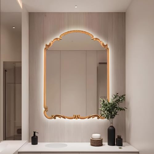 ZHANGshouf LED-Wandspiegel aus Holz, geschnitzt, 3 Farben, dimmbar, antiker Tischspiegel mit Beleuchtung für Badezimmer, Eingangsbereich, Wohnzimmer (Gold, 60 x 80 cm) von ZHANGshouf