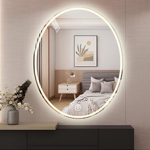 ZHANGshouf Ovaler LED-Badezimmerspiegel, rahmenloser Wandspiegel mit 3-farbigem Licht für die Wand über dem Waschbecken, im Badezimmer, im Bauernhaus (50 x 70 cm) von ZHANGshouf