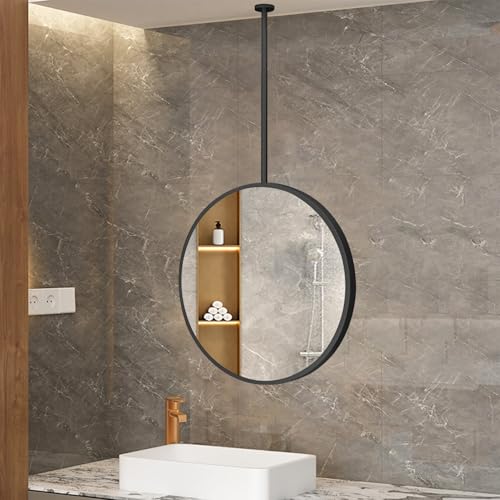 ZHANGshouf Runder Wandspiegel, Badezimmerspiegel mit hängender Stange, schwarzer Metallrahmen, an der Decke montierter Spiegel, schwebender Schminkspiegel – anpassbarer Spiegelarm (Durchmesser 60 cm) von ZHANGshouf