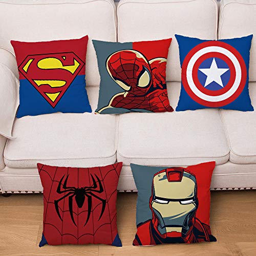 ZHAOCC Kissenbezug Set Von 5 Sätzen Von Leinen Umarmung Kissenbezug Superheld Logo Cartoon Marvel Iron Man Druck Sofa Dekoration 45X45 cm von ZHAOCC