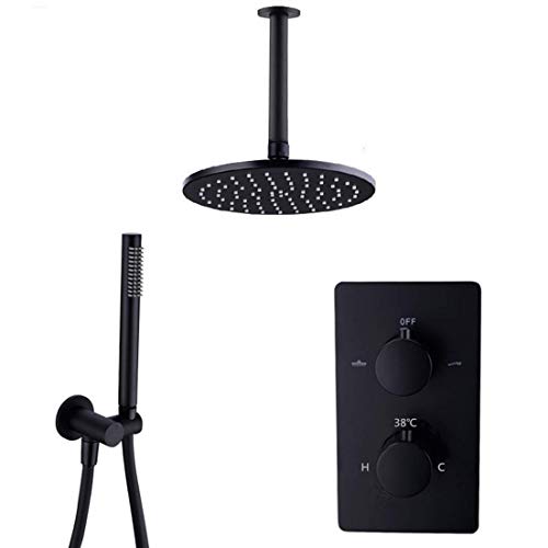 Duschsystem, Deckenmontierte runde Messing-Thermostatarmaturen, schwarze Duschgarnitur, Regendusche Wasserhahn Set für Badezimmer mit Handbrause, Handbrause, Handbrause, Handbrause, Handbrause von ZHAOHUAN