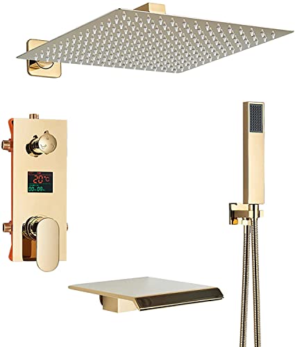 Duschsystem Duscharmatur Set Wandmontage mit digitalem LED-Display Regendusche Kombi Set Gold Finish Set für Badewanne und Dusche mit Badewannenauslauf Handbrause von ZHAOHUAN