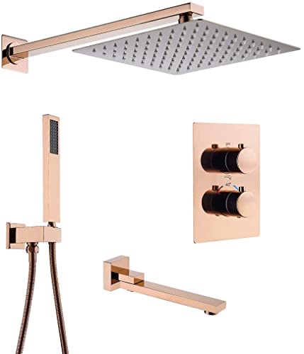 Duschsystem Rosegold Duschsystem Thermostatische Duscharmatur Set mit Badewannenauslauf Regenduschkopfsystem Wandmontage mit Handbrause Duschset 12 Zoll von ZHAOHUAN