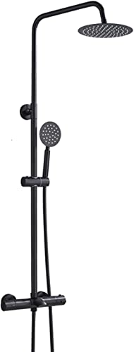 Duschsystem Thermostatisches Duscharmatur-Set Verbrühungsschutz schwarz matt Wandmontage mit 20 cm Regenduschkopf und Colu Handbrause von ZHAOHUAN