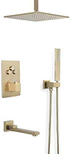 Duschsysteme, verdecktes thermostatisches Duscharmatur-Set aus gebürstetem goldfarbenem Messing zur Deckenmontage mit 25,4 bis 30,5 cm quadratischem Regenduschkopf und Handbadewannenarmaturen, Jue Duschsysteme, verdecktes thermostatisches Duscharmatur-Set aus gebürstetem goldfarbenem Messing zur Deckenmontage mit 25,4 bis 30,5 cm quadratischem Regenduschkopf und Handbadewannenarmaturen, Jue von ZHAOHUAN