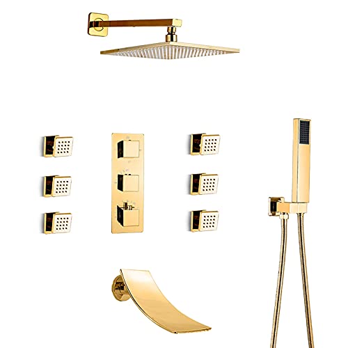 Regendusche Duschsystem Gold Regenthermostat Mischbatterie Duschkombination Set Wandmontage Badarmatur mit Regenduschkopf Handbrause, ch von ZHAOHUAN