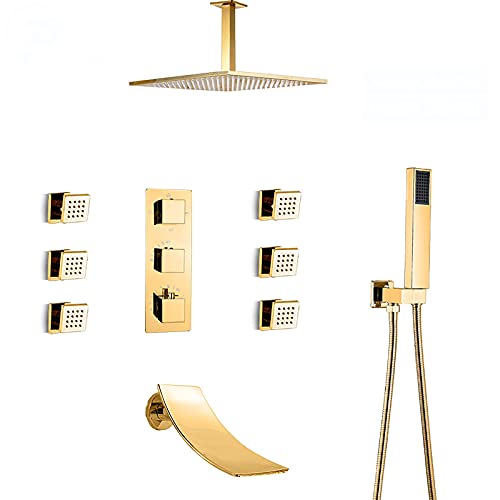 Regendusche Thermostatisches Duschsystem Duschset Gold Kombi Duscharmatur Set Deckenmontierte Badezimmer Duscharmatur mit Duschkopf Handbrause Badewannenarmatur von ZHAOHUAN