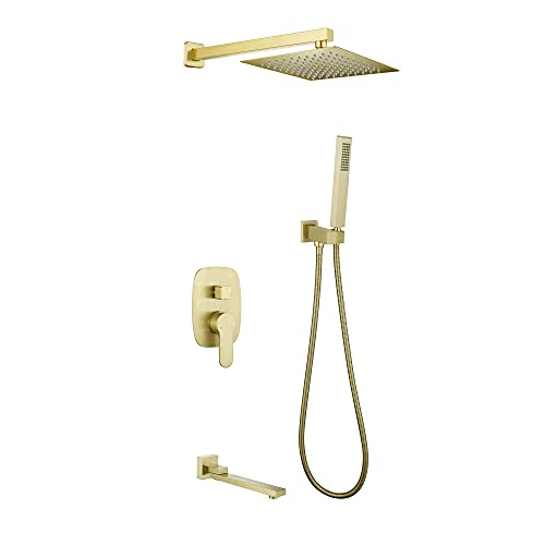 Verstecktes Duschsystem, 3 Funktionen Regendusche Wandmontierter Wasserhahn aus gebürstetem goldfarbenem Messing, Mischbatterie mit quadratischem Regenduschkopf, 10-12 Zoll (25,4–30,5 cm), Set von ZHAOHUAN