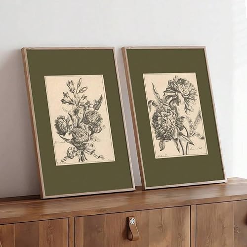 ZHAOLIN 2er-Set Grüne Skizze Blume Vintage Wandkunst Leinwanddruck Minimalistisches Antikes Botanisches Blumenplakat Wohnzimmer Wohnkultur (21x30cmx2/Rahmenlos) von ZHAOLIN