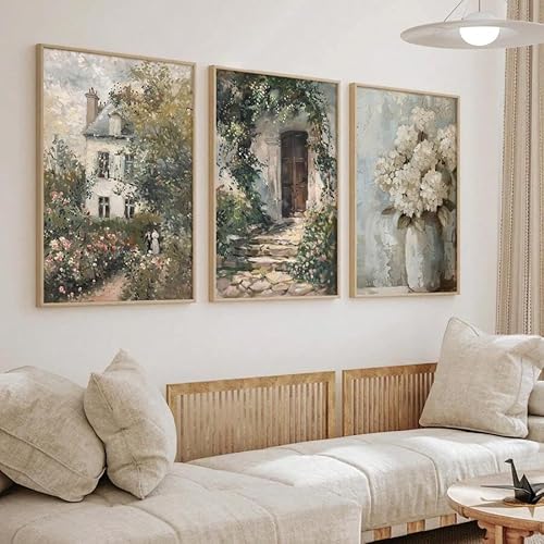 ZHAOLIN Ölgemälde im Vintage-Stil, Landhausstil, Rosengarten, Hortensien, rustikale Blumen, Wandkunst, botanisches Leinwandposter für Wohnzimmerdekoration (50 x 70 x 3 cm/rahmenlos) von ZHAOLIN
