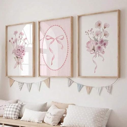 ZHAOLIN Süßes rosa Schleifen-Blumen-Botanik-Wandkunst-Poster auf Leinwand, minimalistisches Baby-Mädchenzimmer, ästhetisches Dekor für Kinderzimmer (60 x 90 x 3 cm/rahmenlos) von ZHAOLIN