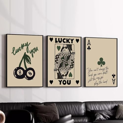 ZHAOLIN Vintage Aesthetic Lucky You 8 Ball Leinwandmalerei Poster Lustige grün-schwarze Ass-Karte Wandkunstdrucke Bild für Rom-Dekor 40x60cm (19x24in) x3 Rahmenlos von ZHAOLIN