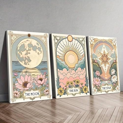 ZHAOLIN Vintage Sonne Stern Mond Tarot Wandkunst Druck, Retro Botanische Boho Blumen Leinwand Poster, Himmlische Wanddekoration für Wohnzimmer (20x35x3 cm/Canvas Wrap) von ZHAOLIN