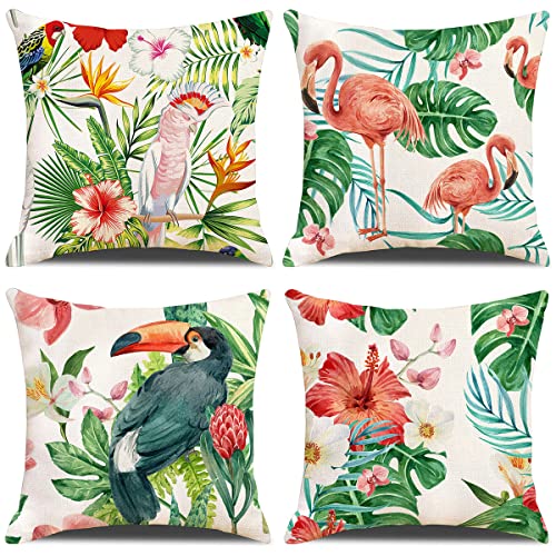 ZHAOMIMI 4er Set Dekorativ Kissenbezug Sommer Grüne Blätter Flamingo Baumwolle Leinen Kissenhülle Dekokissen Sofakissen für Couch, Auto, Schlafzimmer 45x45 cm von ZHAOMIMI