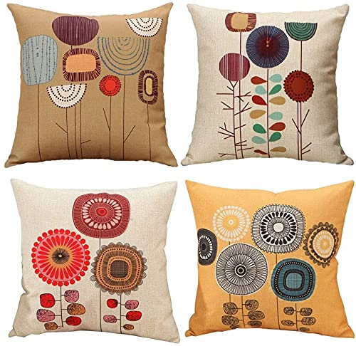 ZHAOMIMI 4er Set Dekorativ Kissenhülle Baumwolle Leinen Kissenbezug Dekokissen Sofakissen für Couch, Auto, Schlafzimmer 45x45 cm (Abstrakt Blume) von ZHAOMIMI