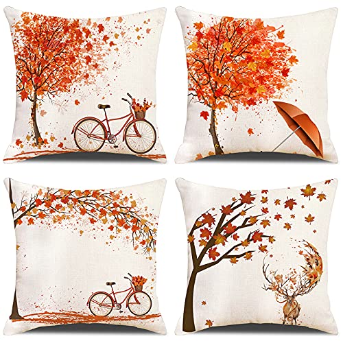 ZHAOMIMI 4er Set Dekorativ Kissenhülle Baumwolle Leinen Kissenbezug Dekokissen Sofakissen für Couch, Auto, Schlafzimmer 45x45 cm (Herbst Ahornblatt) von ZHAOMIMI