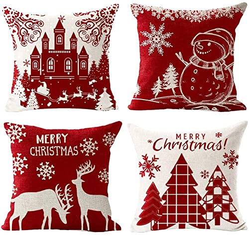 ZHAOMIMI 4er Set Dekorativ Kissenhülle Baumwolle Leinen Kissenbezug Dekokissen Sofakissen für Couch, Auto, Schlafzimmer 45x45 cm (Weihnachten Schloss) von ZHAOMIMI