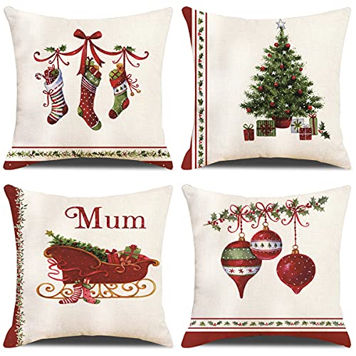 ZHAOMIMI 4er Set Dekorativ Kissenhülle Baumwolle Leinen Kissenbezug Dekokissen Sofakissen für Couch, Auto, Schlafzimmer 45x45 cm (Weihnachten Socke) von ZHAOMIMI