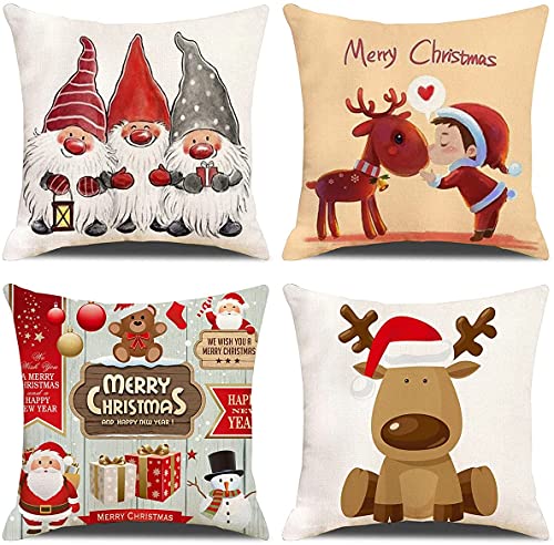 ZHAOMIMI 4er Set Dekorativ Kissenhülle Baumwolle Leinen Kissenbezug Dekokissen Sofakissen für Couch, Auto, Schlafzimmer 45x45 cm (Weihnachten Zwerg Rentier) von ZHAOMIMI