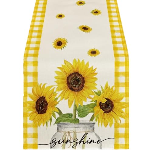 Tischläufer Modern Gelb Karierte Vase mit Sonnenblumen-Frühlingstischläufer, saisonale Sommerküche, Esstischdekoration for Zuhause, Party-Dekor(200x33cm 78x13inch) von ZHAOQIN