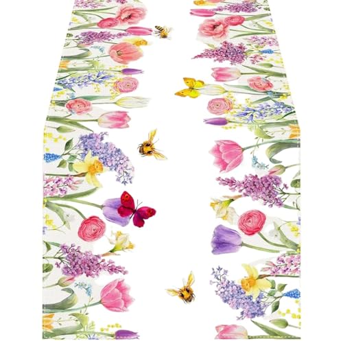 Tischläufer Modern Tischläufer aus Leinen mit Aquarell-Tulpen, Lavendel und Schmetterlingen, Hochzeitsdekoration, Ostern, Blumenmuster, Tischläufer for Zuhause und Küche(200x33cm78x13inch) von ZHAOQIN