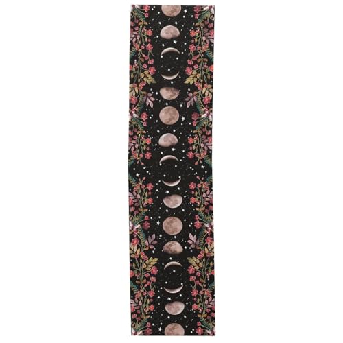 ZHAOQIN Tischläufer Modern Dunkle Nacht Sternenhimmel Mond Blumenmuster Home Dresser Esstisch Tischläufer Urlaub Party Abendessen Dekoration Tuch(200x33cm 78x13inch) von ZHAOQIN