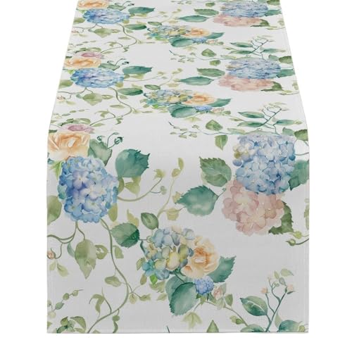 ZHAOQIN Tischläufer Modern Hortensien Aquarell Blume Pflanze Tisch Läufer Polyester Tisch Läufer for Esszimmer Polyester Tisch(1724(3),180-33cm 70-13inch) von ZHAOQIN