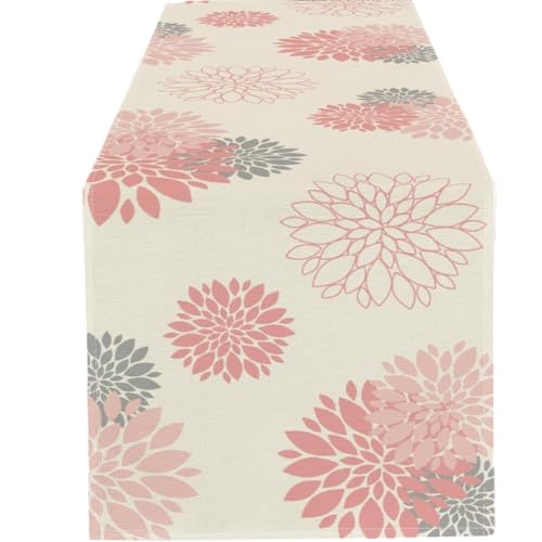 ZHAOQIN Tischläufer Modern Tischläufer aus Leinen mit Dahlie-Blumen, blau und grau, waschbar, Bauernhaus-Kommode, Schal, Esstischdekoration, Urlaub, Hochzeit, Party-Dekoration(02,150x33cm 59x13inch) von ZHAOQIN