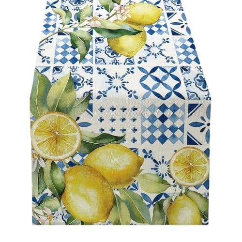 ZHAOQIN Tischläufer Modern Zitronen-Tischläufer, blaugrün, Obst, Bauernhaus, saisonale Küchendekoration, Home-Party-Dekor, Zubehör(B,60X33cm 23x13inch) von ZHAOQIN
