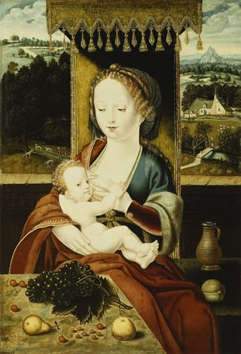 ZHAOSHAN Leinwand drucken Ölgemälde Wandbilder die Dame und das Kind sitzen unter einem Baldachin an einem Tisch mit Früchten in einer Landschaft von Joos Van Cleve für Office Home Decor 60x90cm von ZHAOSHAN