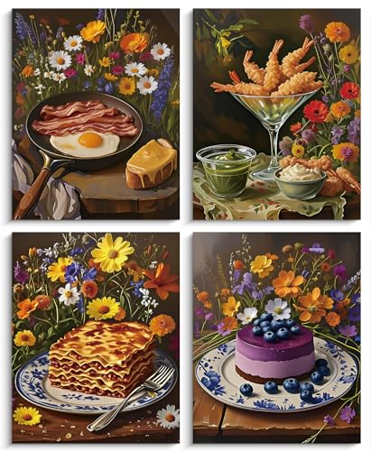 Lustige Wandkunst-Dekoration für die Küche, 4 Stück, bunte Blumen und Lebensmittel, ästhetisches Gemälde, dunkles Dessert, Stillleben, Wandkunst, Bilder, Leinwand, für moderne Esszimmer, Bar Lustige Wandkunst-Dekoration für die Küche, 4 Stück, bunte Blumen und Lebensmittel, ästhetisches Gemälde, dunkles Dessert, Stillleben, Wandkunst, Bilder, Leinwand, für moderne Esszimmer, Bar von ZHAXFA