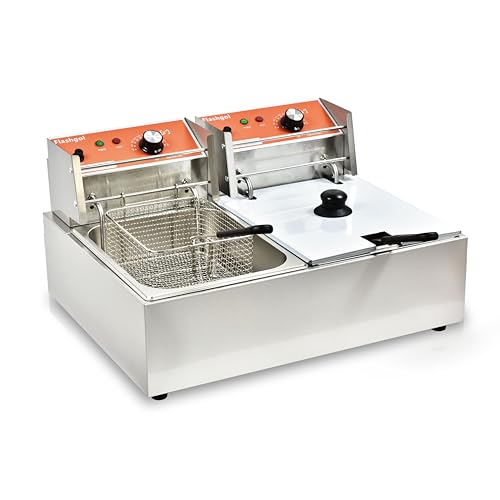 Kommerzielle Fritteuse mit 6 bis 12 Liter Korb, einstellbare Kapazität, Temperatur und Timer, Edelstahl mit Deckel, geeignet für Haushalt, Gewerbe/Camping/Outdoor (Korb) von ZHC