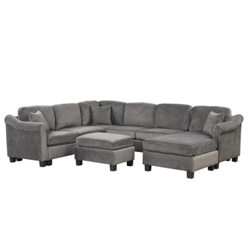ZHCHAO 4-teiliges Sektionalsofa mit Ottomane mit Chaiselongue auf der rechten Seite, Samtstoff, Dunkelgrau (Farbe: Argento, Größe: Hellgrau) von ZHCHAO