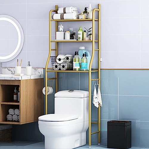 Platzsparender Badezimmer-Organizer | Multifunktionales 3-stöckiges Aufbewahrungsregal über der Toilette | Freistehendes Metallregal mit Toilettenpapierhalter und Haken von ZHDBD