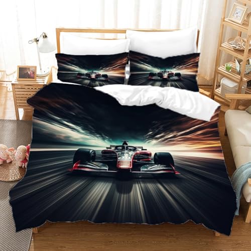 ZHDEDSP Formel 1 Rennwagen Bettwäsche Set für Sommer, 3D Sportwagen Design, Mikrofaser, 135x200 cm mit Kissenbezügen, Schwarz-Rot，Entspricht Oeko-TEX® Zertifiziert von ZHDEDSP