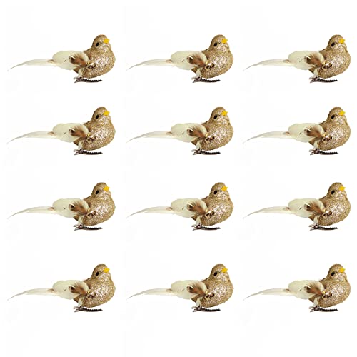 ZHDOKA 12 Stück glitzernde Weihnachtskardinalvögel mit Clips, künstliche Schaumstoffvögel mit langer Schwanzfeder, Clip On Bird Xmas Tree Ornaments (Gold) von ZHDOKA
