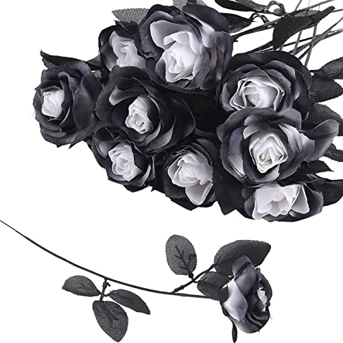 ZHDOKA 15 Stück künstliche Rosenblumen-Zweige, 39 cm Seide, schwarz-weiße Rosen-Stiele, Gothic-Kunstblumensträuße für Hochzeit, Halloween, Heimdekoration von ZHDOKA