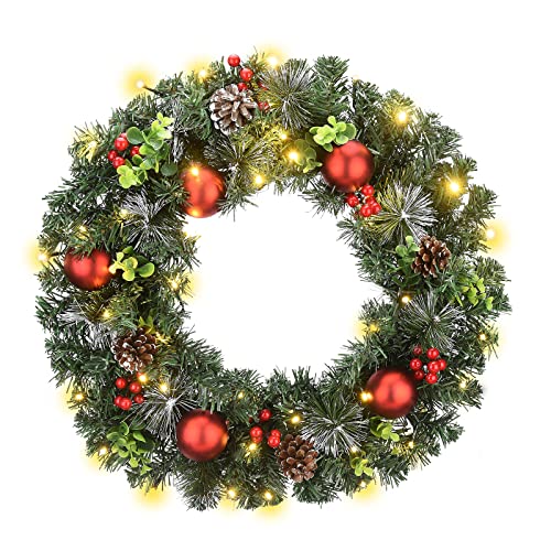 ZHDOKA 21 Zoll Beleuchteter Künstlicher Weihnachtskranz, Tannenzapfen-Kranz für die Haustür mit Weihnachtskugeln und Roten Beeren, Grüner Tannennadel-Kranz für Drinnen und Draußen,(Mehrfarbig) von ZHDOKA