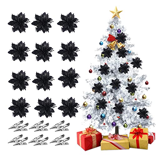 ZHDOKA 36 Stück schwarze künstliche Weihnachtssterne mit Clips, glitzernde Weihnachtsblumen, Seiden-Weihnachtsstern, Weihnachtsbaumschmuck für Urlaub, DIY-Dekoration von ZHDOKA