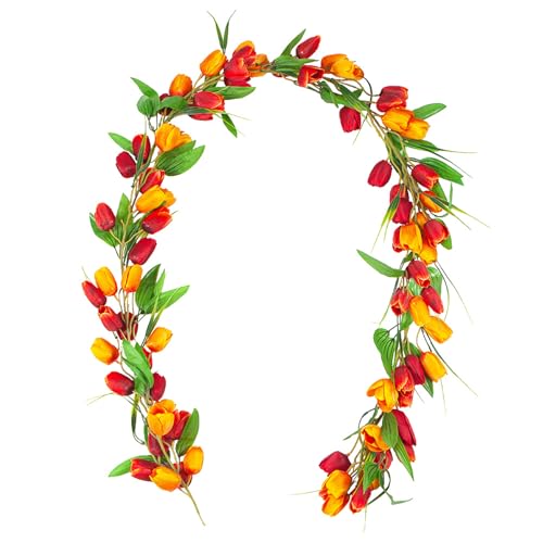 ZHDOKA 6,5 Fuß Künstliche Tulpen-Girlande, Kunstseide-Tulpen-Girlande mit Grünen Blättern, Frühlings-Sommer-Tulpen-Blumengirlande für Tisch, Kaminsims, Hochzeit, Party, Saisonale von ZHDOKA